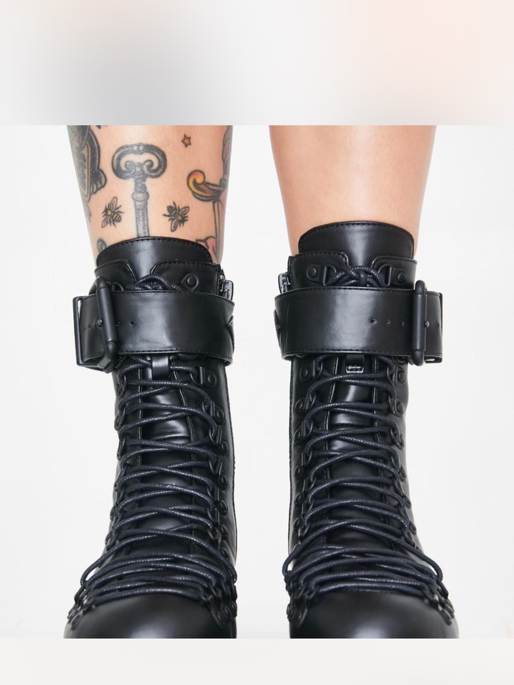 Dolls Kill Black Lace-Up Buckle Combat Boots
